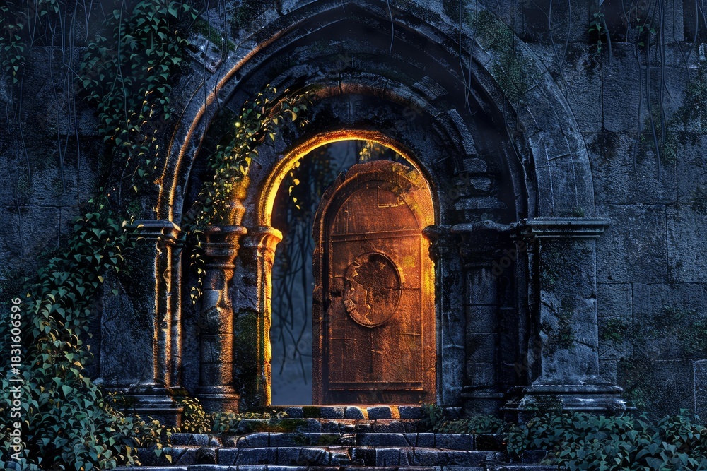 Naklejka premium Ancient stone archway with a glowing wooden door, surrounded by lush vegetation at night, creates a mysterious and enchanting atmosphere