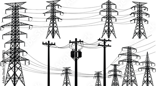 Electric power transmission towers and utility poles network structure, energy distribution and high voltage grid system, cad drawing flat vector illustration