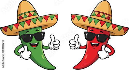 Cute chili pepper cartoon characters wearing sombrero hat and sunglasses giving thumbs up, Mexican food mascot, cad drawing flat vector illustration