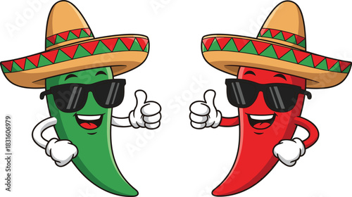 Funny red and green chili cartoon characters wearing sombrero and sunglasses giving thumbs up, mexican food mascot, cad drawing flat vector illustration