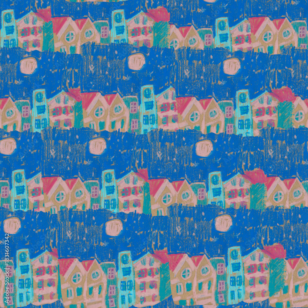 Naklejka premium Seamless Christmas pattern in pastel colors, drawn with wax crayons. A cozy winter landscape, polar night, fairytale, and city print, all created with oil pastels.