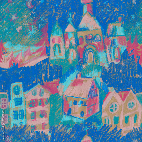 Seamless Christmas pattern in pastel colors, drawn with wax crayons. A cozy winter landscape, polar night, fairytale, and city print, all created with oil pastels.