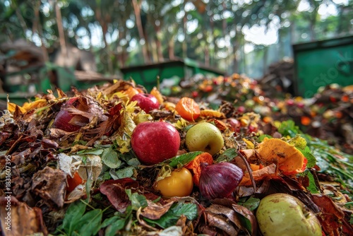 Heap of organic waste at compost recycling station filled with fruits, vegetables, and leaves during daylight hours, showcasing the process of organic recycling