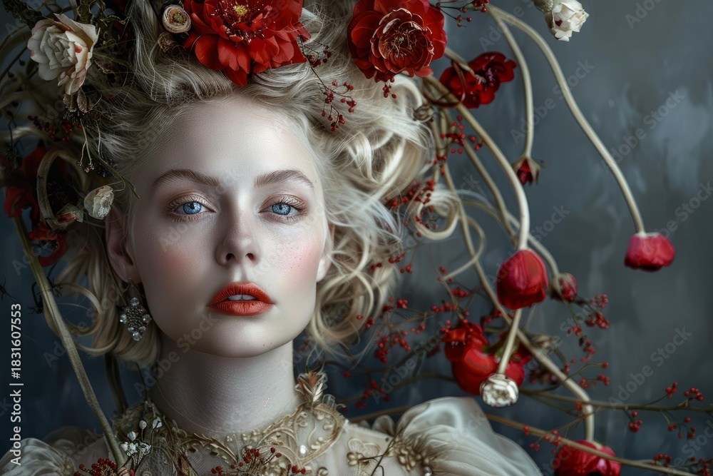 Naklejka premium Fashion portrait of a blonde model posing with red flowers and gold dress
