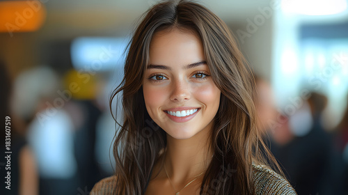 Wallpaper Mural Young woman smiling warmly in a busy indoor environment during daytime at a social gathering Torontodigital.ca