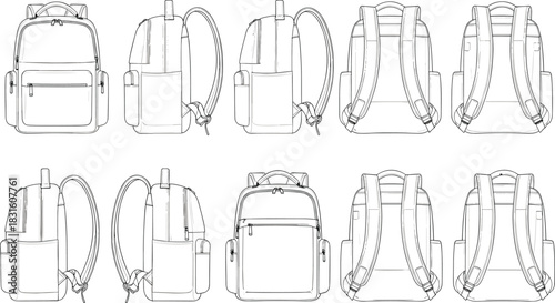 Modern backpack technical drawing multiple angle view detailed outline for fashion design and product concept, cad drawing flat vector illustration