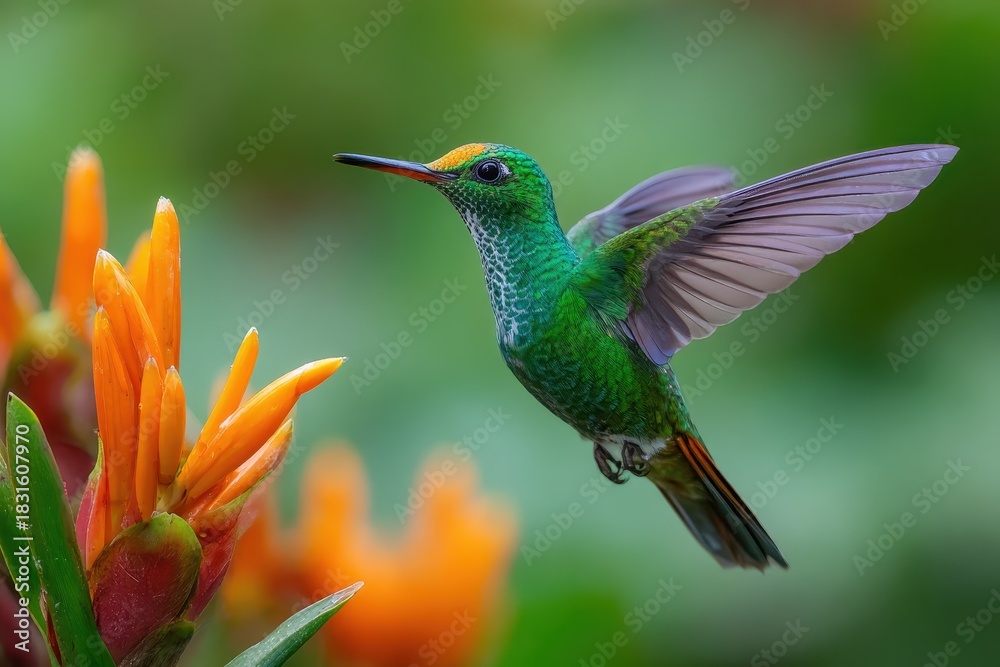 Fototapeta premium Greencrowned Brilliant hummingbird hovering near vibrant orange flowers in a lush tropical setting during daylight hours