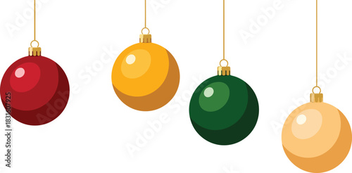 Four colorful Christmas baubles hanging, featuring red, gold, green, and cream ornaments with golden caps and strings, isolated on a white background.