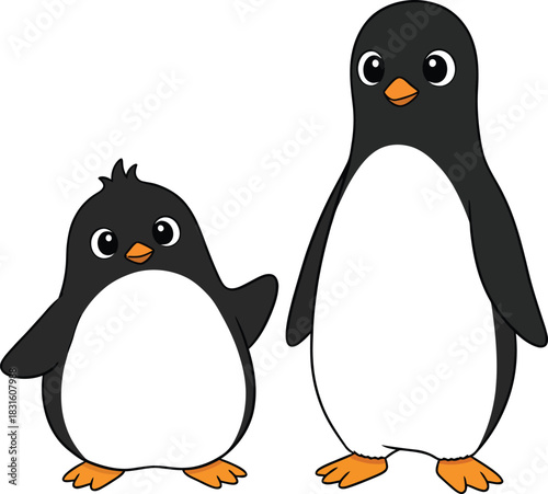 Two cute cartoon penguins, an adult and a chick, standing side by side with black and white bodies and orange beaks and feet.