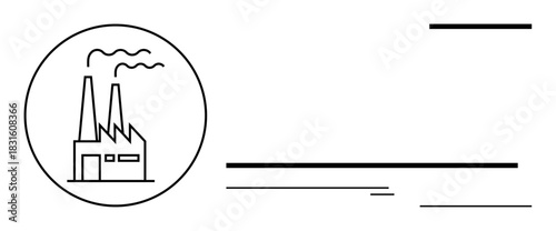 Factory building with chimneys emitting smoke lines symbolizing industry, production, and environmental issues. Ideal for manufacturing, emissions, economy, pollution, energy, sustainability