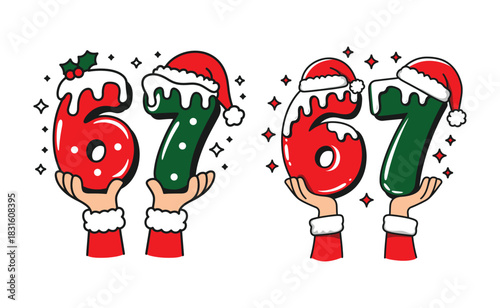 Festive Hands Holding Christmas Numbers 67 with Santa Hats and Snow Vector