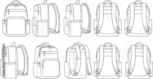 Modern backpack design multiple view technical outline for product concept and fashion design, cad drawing flat vector illustration