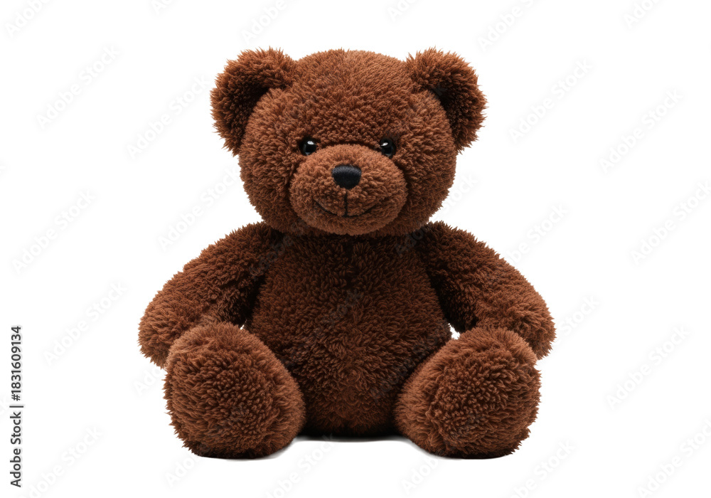 Obraz premium A deep chocolate brown vintage plush teddy bear with rich ruffled fur and button eyes, sitting upright against a transparent background with copy space. Concept of childhood comfort and nostalgia