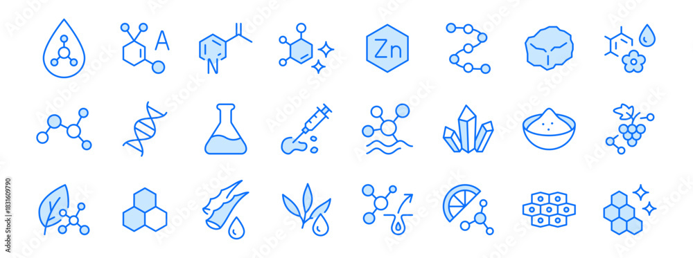 Fototapeta premium Skincare ingredient line icon set. Molecule, vitamin, serum, collagen, crystal minimal vector illustrations. Simple outline signs for cosmetic and dermatology. Blue color. Editable Stroke