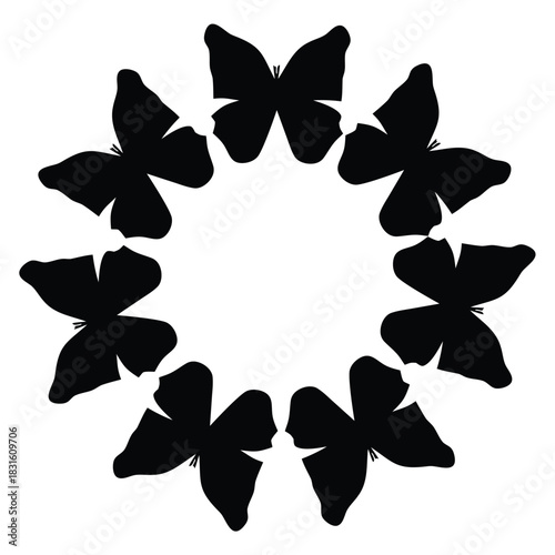 Butterfly Silhouette Circular Frame Border with Black Moths in a Sunburst Pattern