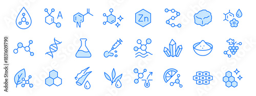 Skincare ingredient line icon set. Molecule, vitamin, serum, collagen, crystal minimal vector illustrations. Simple outline signs for cosmetic and dermatology. Blue color. Editable Stroke