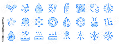 Skincare line icon set. DNA repair, liposome, airless pump cream bottle, cryo technology minimal vector illustrations. Simple outline signs for cosmetic science. Blue color. Editable Stroke