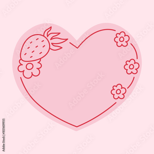 Strawberry Floral Heart Frame. Cute fruity outline Valentine card template with line berry and tiny flowers for fresh playful Valentines day Wedding Layout