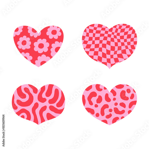 Whimsical Heart Shape Set. Playful hand drawn collection with textured Valentines with floral checkered spotted patterns. Trendy Funky romance.
