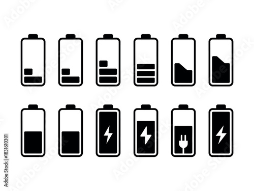 A collection of twelve battery icons displays various levels of charge and charging indicators, with some icons showing lightning bolts or plug symbols.