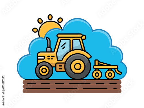 A yellow tractor is plowing a field under a sunny sky with fluffy clouds.