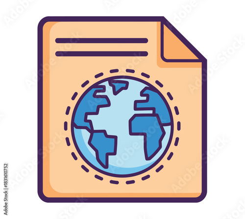 An illustration of a document with a globe on it represents global information or data.