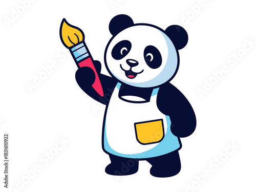 A cute cartoon panda wearing an apron and holding a paintbrush stands ready to create art with vibrant colors.