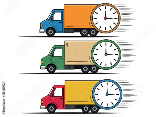 Three colorful trucks with clocks on their sides are depicted moving quickly, symbolizing fast delivery services.
