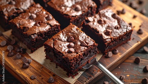 Close-up of decadent, fudgy chocolate brownies topped with chocolate chips on a rustic wooden board.