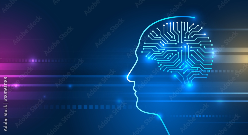 Fototapeta premium A glowing digital silhouette of a human head with a circuit-style brain, symbolizing artificial intelligence, neural networks, and futuristic technology on a vibrant blue background.