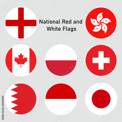 Red and White National Flags Collection in Round Icon Style. Vector Set. Suitable for branding, educational materials, international content, posters