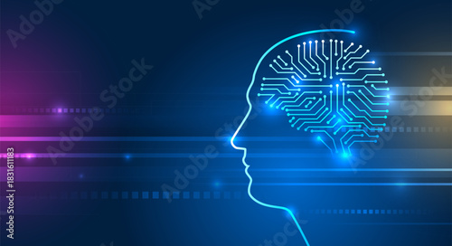 A glowing digital silhouette of a human head with a circuit-style brain, symbolizing artificial intelligence, neural networks, and futuristic technology on a vibrant blue background.
