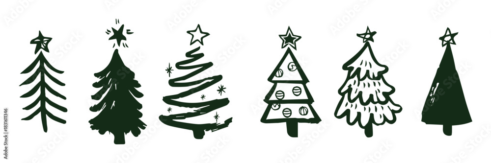 Obraz premium Christmas tree silhouette clipart set. Black Christmas tree drawing clip art collection in white background for xmas season pine tree flat icon decoration vector illustration.