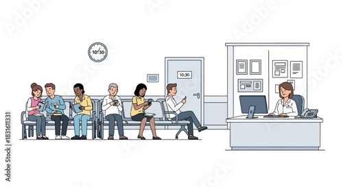 Waiting area illustration people sit use devices as a worker sits at a desk in a clinic