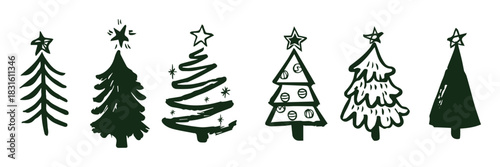 Christmas tree silhouette clipart set. Black Christmas tree drawing clip art collection in white background for xmas season pine tree flat icon decoration vector illustration.