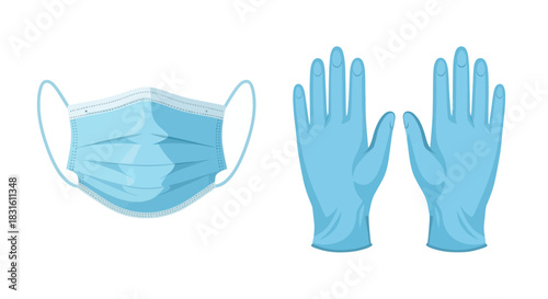 A blue surgical mask sits next to two matching blue medical gloves