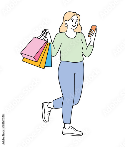 A woman is holding shopping bags and looking at her phone with a smile.