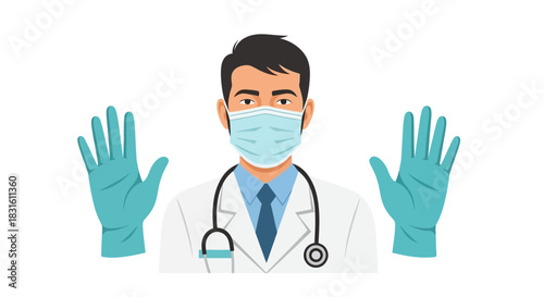 A cartoon doctor in a white coat wearing a blue mask and gloves raises his hands