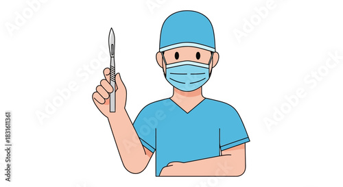 A cartoon surgeon in blue scrubs holds a scalpel wearing a mask and surgical cap