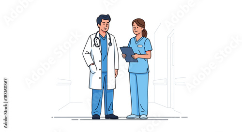 A doctor and a nurse stand in a hospital corridor discussing patient information on a clipboard