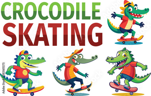 Adorable crocodiles wearing hats and t-shirts skateboarding with joy and excitement on their boards