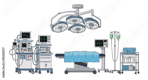 A detailed illustration of an operating room setup complete with equipment