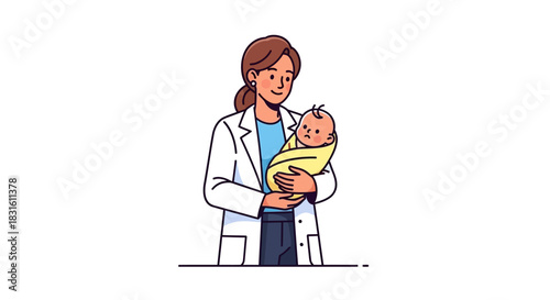 A doctor in a white coat holds a baby wrapped in a yellow blanket