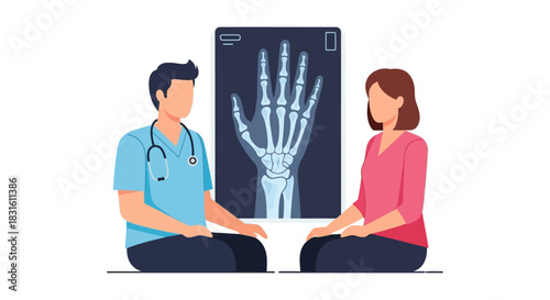 A doctor reviews a hand xray with a patient both seated on the floor