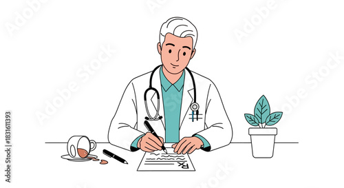 A doctor in a white coat writes a prescription at a desk with a plant and spilled coffee nearby