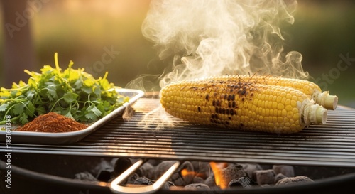 Fototapeta Naklejka Na Ścianę i Meble -  Close-up shot of grilled corn on the cob with herbs and spices on a plate.