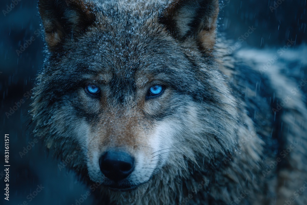 Fototapeta premium Majestic alpha wolf stands proudly in a snow-laden forest with mesmerizing blue eyes and a realistic fur coat during a cold winter evening