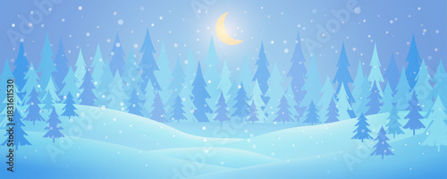 Winter night forest with crescent moon, falling snow and blue pine trees. Landscape background from a frozen wonderland with snow and fir trees. Editable vector illustration.