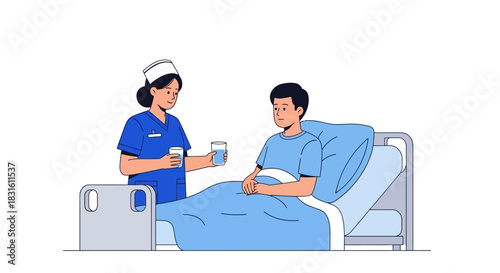 A nurse offers water to a patient sitting up in a hospital bed