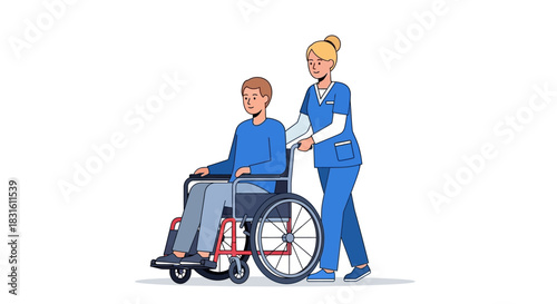 A nurse pushing a man in a wheelchair both wearing blue on a white background
